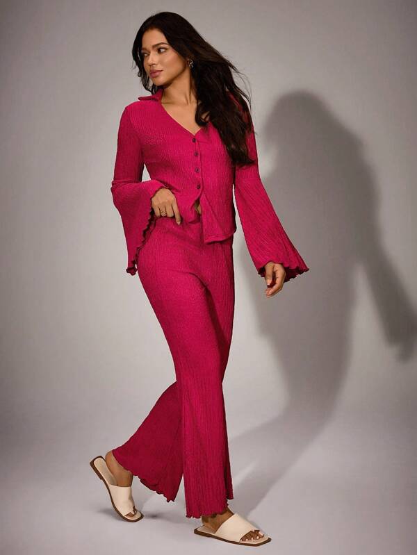 2pcs/Set Women's Notched Collar Open Front Flare Sleeve Top & Pants Textured Loungewear Set Cozy Outfit, Fall Clothes