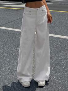 DAZY 女士小众提花牛仔裤，宽松直筒阔腿裤，垂坠长裤，高腰休闲裤 - 白色 - 查看 2