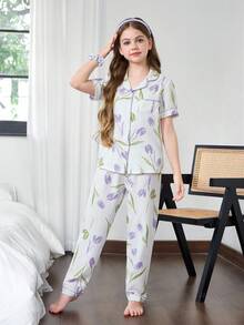 青少年女孩短袖休闲单排扣花卉印花泡泡褶睡衣套装，夏季 - 彩色 - 查看 5