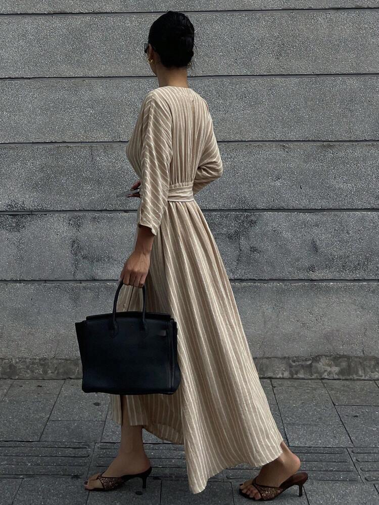 Dotted Striped Design V-Neck Waist Cinched Long Dress For Women Maxi Dress