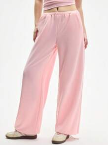 Eassivo Eassivo 女士休闲宽松阔腿纯色运动裤 - 粉色 - 查看 5