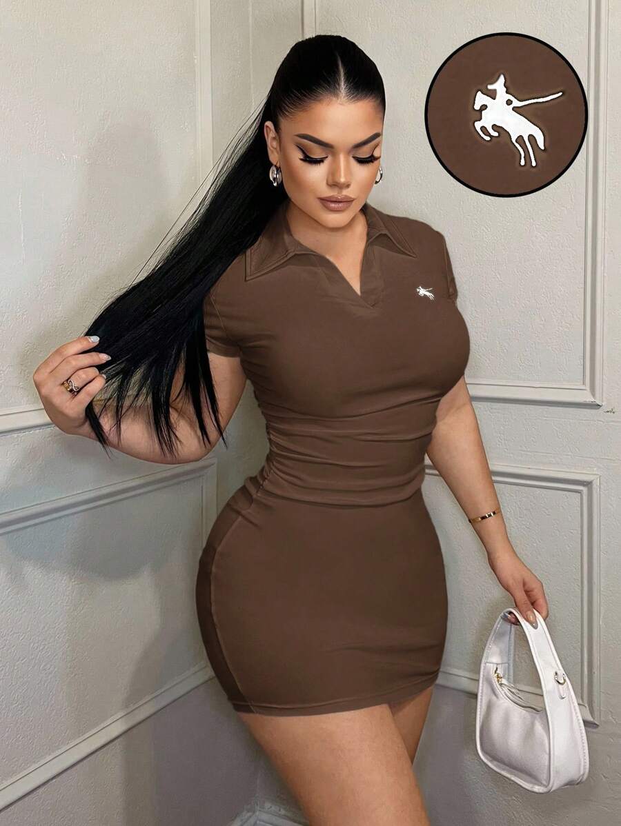SHEIN SXY 休闲商务绣花领连衣裙 - 棕色 - 查看 1