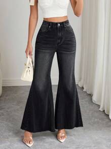 Elenzga Women's High Waist Pocketed Flare Casual Versatile Denim Jeans - Black - View 4