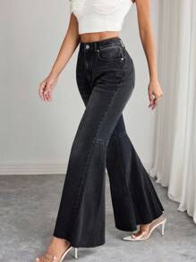 Elenzga Women's High Waist Pocketed Flare Casual Versatile Denim Jeans - Black - View 5