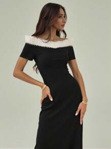 Modelyn Vestido largo ajustado con detalle de volantes de cuentas y hombros descubiertos - Negro - Ver 4