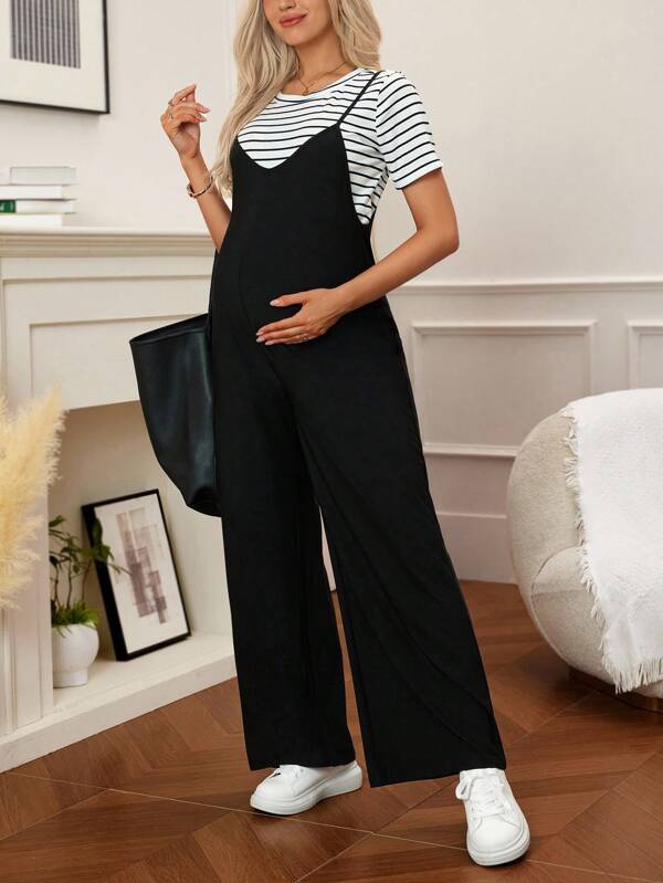 SHEIN Maternity Striped Print Short Sleeve Top And Solid Color Jumpsuit Casual Outfit