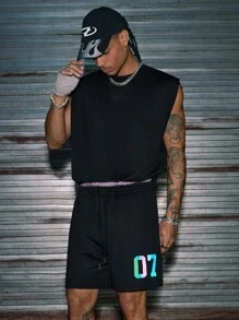 AXEPEAK 休闲街头彩色印花背心和抽绳短裤，男士上衣套装