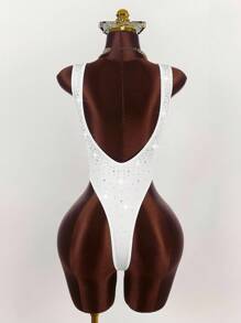 Amplova Rhinestone Embellished Sexy Bodysuit For Women, Party Wear White Bodysuit - Multicolor - View 2