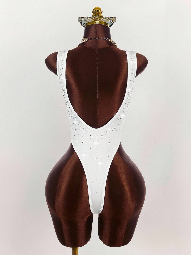 Amplova Rhinestone Embellished Sexy Bodysuit For Women, Party Wear White Bodysuit - Multicolor - View 2