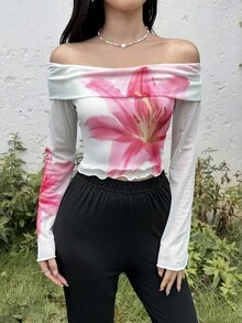 SHEIN 少女优雅花卉印花吊带裙，网眼露肩喇叭形长袖短款上衣，搭配纯黑色喇叭裤，两件套，休闲优雅日常穿着，适合秋冬季 - 白色 - 查看 8