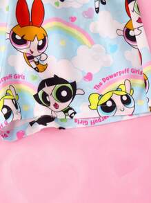 THE POWERPUFF GIRLS X SHEIN 女士蓝色短袖上衣和短裤睡衣套装，可爱卡通，泡泡、花朵、毛茛、云朵彩虹图案，梦幻、基本款休闲又酷炫，女士返校装，返校，学校上衣，基本款上衣，秋冬 - 藍色 - 查看 4
