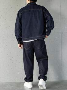 Manfinity Homme Bộ đồ denim nam màu trơn dài tay thường ngày và quần dài, bộ đồ denim nam, bộ đồ denim xanh navy 2 món, quần áo mùa thu - Màu xanh hải quân - Xem 3