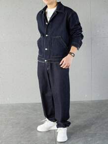 Manfinity Homme Bộ đồ denim nam màu trơn dài tay thường ngày và quần dài, bộ đồ denim nam, bộ đồ denim xanh navy 2 món, quần áo mùa thu - Màu xanh hải quân - Xem 6