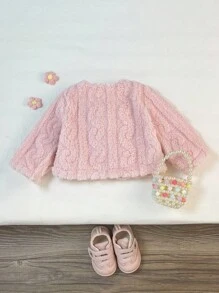 SHEIN Playful Pals 1 件女婴毛绒夹克，加厚羊毛外套，韩版可爱蝴蝶结装饰，粉色，时尚百搭，适合冬季日常穿着 - 粉色 - 查看 2