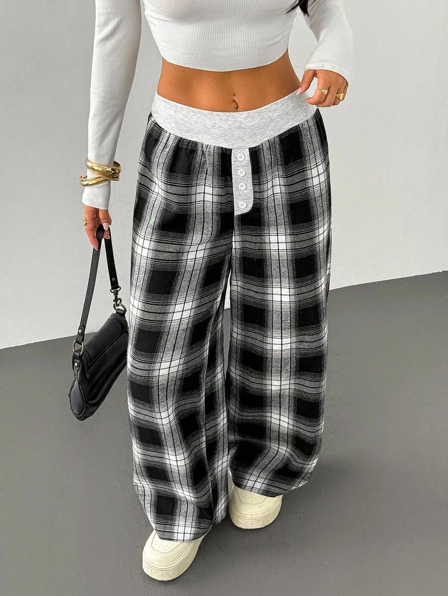 SHEIN PETITE 女款黑白格纹秋冬拉绒阔腿裤 - 黑與白 - 查看 1