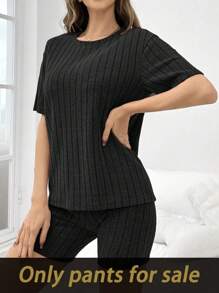 SHEIN Pantalones cortos de estar en casa de mujer de unicolor acanalado y ajustado, pantalón de estar en casa negro - Negro - Ver 3