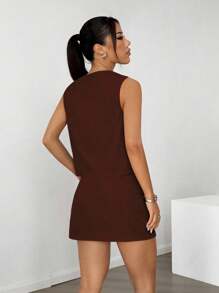 SHEIN EZwear 女士咖啡棕色单排扣背心和裙子休闲两件套 - 咖啡棕 - 查看 2
