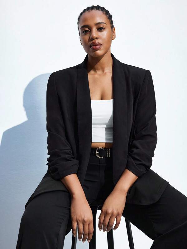 Maija Plus Size Women's Shawl Neck Ruched Sleeve Cover Detail Blazer, Work Uniform, Business Casual Outerwear, Long Sleeve, Old Money Romantic, Fashion, Versatile; Comfortable, Stylish, Elegant, Casual, Simple Daily Wear, Essential, Solid Color, Holiday Casual, Decent, Single Lady, Elegant