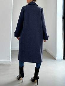 EURMUSE Women's Solid Color Lapel Collar Long Sleeve Long Fashionable Coat - Navy Blue - View 2