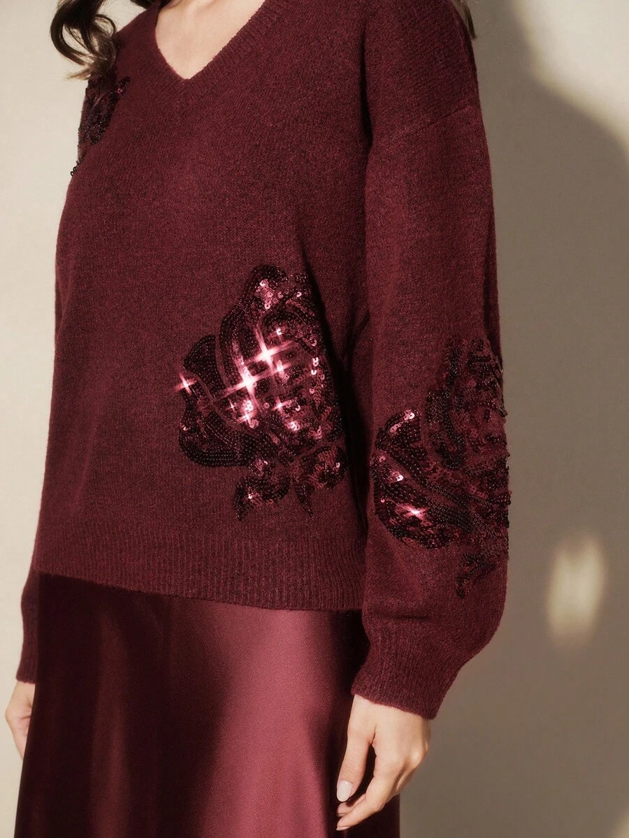 Anewsta French Elegant Dignified Floral Sequin Embroidered V-Neck Sweater - Burgundy - View 1