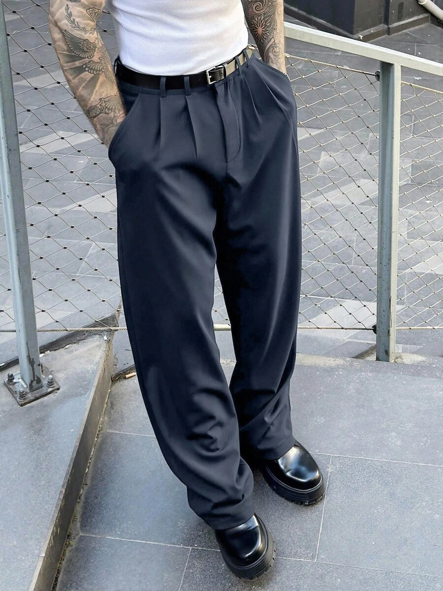 Manfinity Homme Men's Suit Pants, High-End New Design, Draping Suit Pants, Designer Fashion Casual Black Minimalist Business Trousers - Navy Blue - View 1