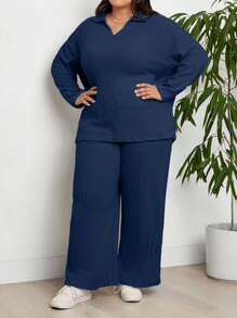 RueChic Conjunto de 2 piezas de top de manga larga y pantalones de unicolor casual en talla grande