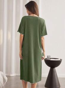 SHEIN Contrast Trim Black Jacquard Shawl Collar Short Sleeve Robe - Green - View 2