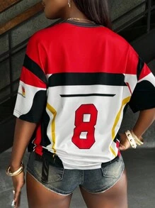 Rovax Maglietta da donna a maniche corte con scollo rotondo, tinta unita e dettagli a contrasto, maglietta da corsa fresca, maglietta per gare automobilistiche - Multicolore - Visualizzare 2