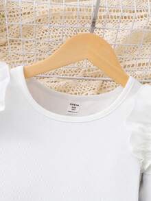 SHEIN Girls' Elegant Casual Outfit, White Knit Top Paired With Black Flared Pants, Shoulder Ruffle Trim, Beaded Leg Cuffs, Suitable For Spring/Autumn Daily Wear Fall Winter - White - View 4