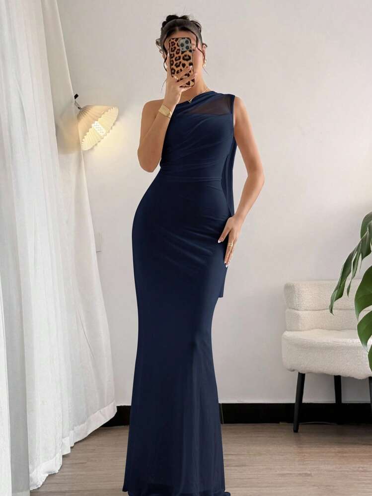 Firerie Vestido maxi ajustado de estilo elegante y romántico, con cuello asimétrico, adecuado para fiestas, vacaciones en la playa, vuelta al colegio, citas románticas, temporada de bodas, cumpleaños, Pascua, primavera/verano - Azul Marino - Añade 6