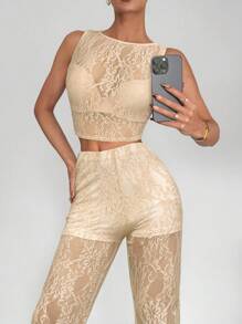 Siren Gaze Black Top + Pants Set Lace Blouse + High-Waisted Flare Lace Knit Pants, Women's 2 Pieces Set Black Mesh Sheer Lace Jacquard Sexy Party Outfit For Women Summer Elegant - Apricot - View 3