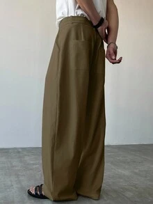 Claim Dot 男士休闲日常宽松裤，带折叠和褶皱设计，秋季 - 棕色 - 查看 2