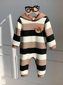 SHEIN 新生儿男女宝宝可爱秋冬休闲条纹卡通熊图案连帽抓绒连体衣，卡其色条纹婴儿服装，新生儿男女宝宝冬季服装，男宝宝服装，熊条纹男宝宝套装，男宝宝连帽连体衣 - 彩色 - 查看 7