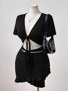 Sweetra Plus Size Women's Sexy V-Neck Tie-Up Ruched Waist Hollow Out Bodycon Dress - Black - View 6
