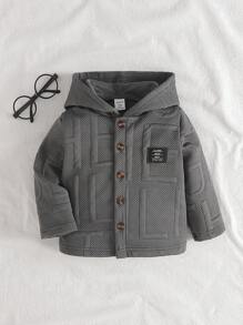 SHEIN 1 件男婴连帽拉链夹克，纹理棉混纺面料，适合秋冬季