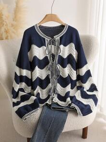 CosyJoli 大码休闲条纹波浪纹理流苏前系带开衫