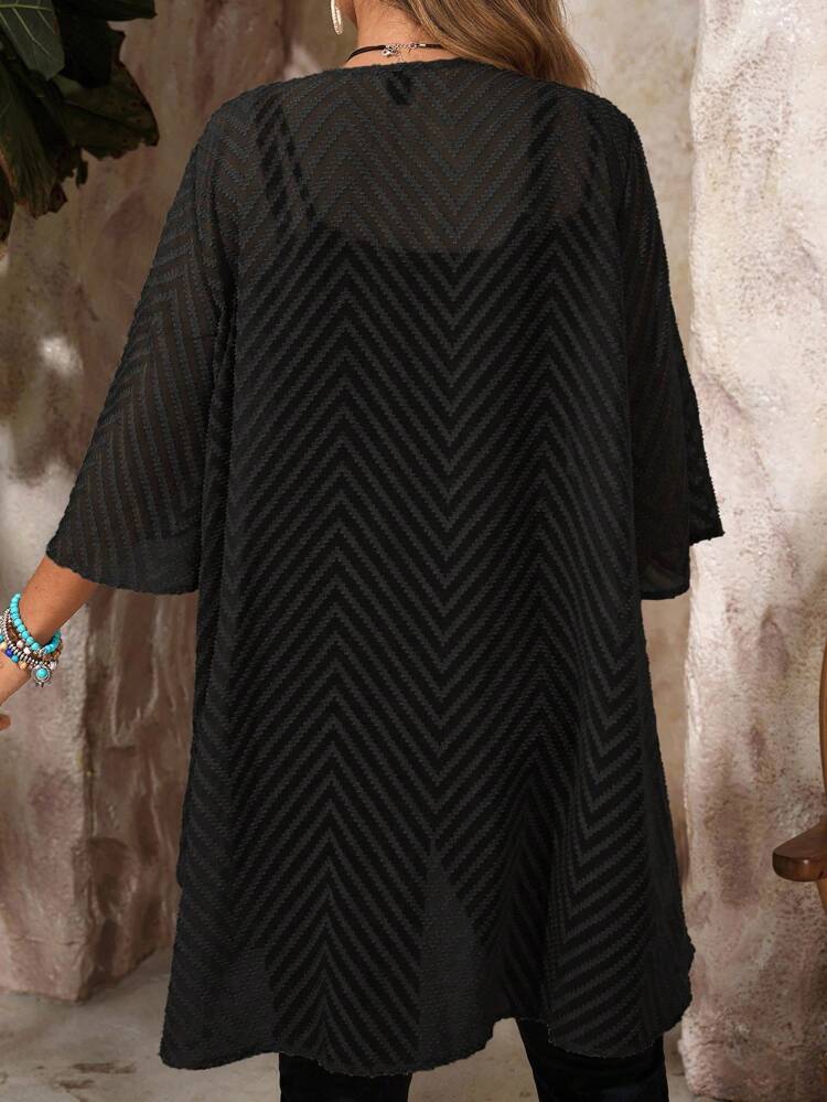 Plus Size Women's Solid Color Striped Casual Loose Hollow-Out Cutout Coat Black Kimono Black Coverup For Women Black Sheer Coat,Fall,Chic Autumn