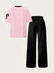 SHEIN 2 Pieces Set Casual College Girl Style Number Pattern V-Neck Short Sleeve Top And Wide Leg Sports Pants Summer Holiday