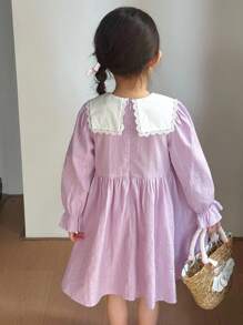 SHEIN Young Girl Floral Print Lapel Long Sleeve Dress, Casual, Korean Style, Cute, Suitable For Spring, Summer, Autumn, Winter Girls Autumn Dress Back To School  Embroidered Dress Kids Little Girls Purple Dress Girls Shirt Dress French Elegant  Girls Fall Dress Girls Long Sleeve Dress