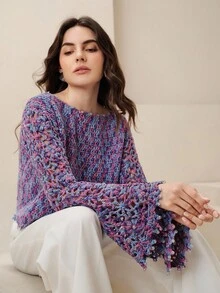 Anewsta 女式复古串珠紫色渐变色钩针花卉图案针织上衣，适合音乐会穿着 - 紫色 - 查看 4