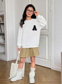 SHEIN 少女温馨和酷感風格的純色褶紋裙,編織紋理 - 卡其色 - 查看 4