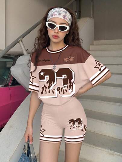 SHEIN Leap Crew 2pcs/Set Tween Girls Casual Loose Fit Short Sleeve T-Shirt And Leggings, Suitable For Summer Teen Girl Two Piece Set Teen Girl Brown Set Nova Glow Young Girl Vacation Casual Solid Color Round Neck Short Sleeve 2pcs Set Teen Women 2 Piece Pants Suits Teen Girl Shorts Set