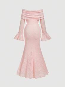 SHEIN MOD فستان ماكسي أنيق بتصميم كتف مكشوف من الدانتيل باللون الوردي الفاتح، مناسب للسهرات والمناسبات الخاصة كرأس السنة وعيد الحب والخروجات اليومية والعطلات الهادئة - وردي فاتح - مشاهدة 2