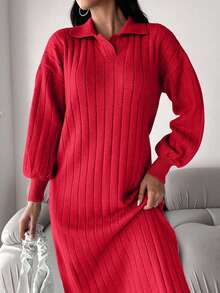 EURMUSE Women's Solid Color Minimalist Long Sleeve Sweater Dress, Casual Everyday Wear,Petite - Red - View 5