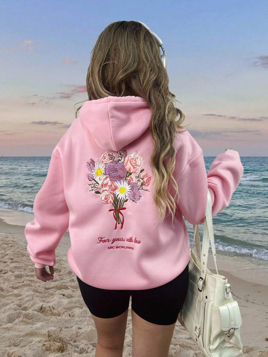 Jouncy Damen Lässig Hoodie mit floraler Stickerei