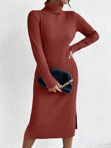 EURMUSE Vestido de punto ajustado de cuello alto de unicolor de otoño/invierno - Marrón - Ver 7
