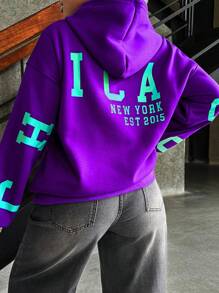 INAWLY 女士休闲字母印花连帽运动衫，秋冬，长袖上衣