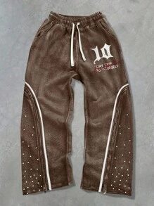 PAVTROS Manfinity Streetrush Men's Contrast Color "Bar" Letter Print Drawstring Waist Wide Leg Sweatpants Brown Sweatpants Men Sweatpants - Multicolor - View 1