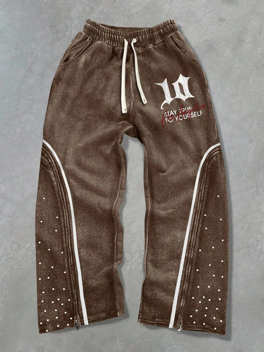 PAVTROS Manfinity Streetrush Men's Contrast Color "Bar" Letter Print Drawstring Waist Wide Leg Sweatpants Brown Sweatpants Men Sweatpants - Multicolor - View 1