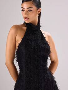 MUSERA Halter Neck Textured Fluffy Longline Top Festival, Concert, Rave, Club, , Sexy Backstage Night Out Going Out   Fall - Black - View 5